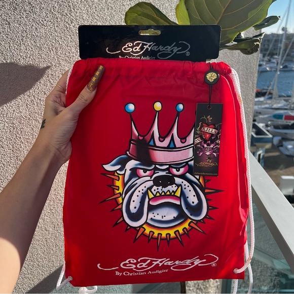 ꧁ NWT Rare VTG Red Ed Hardy Misha Bulldog Drawstring Bag ꧂ - Picture 6 of 6
